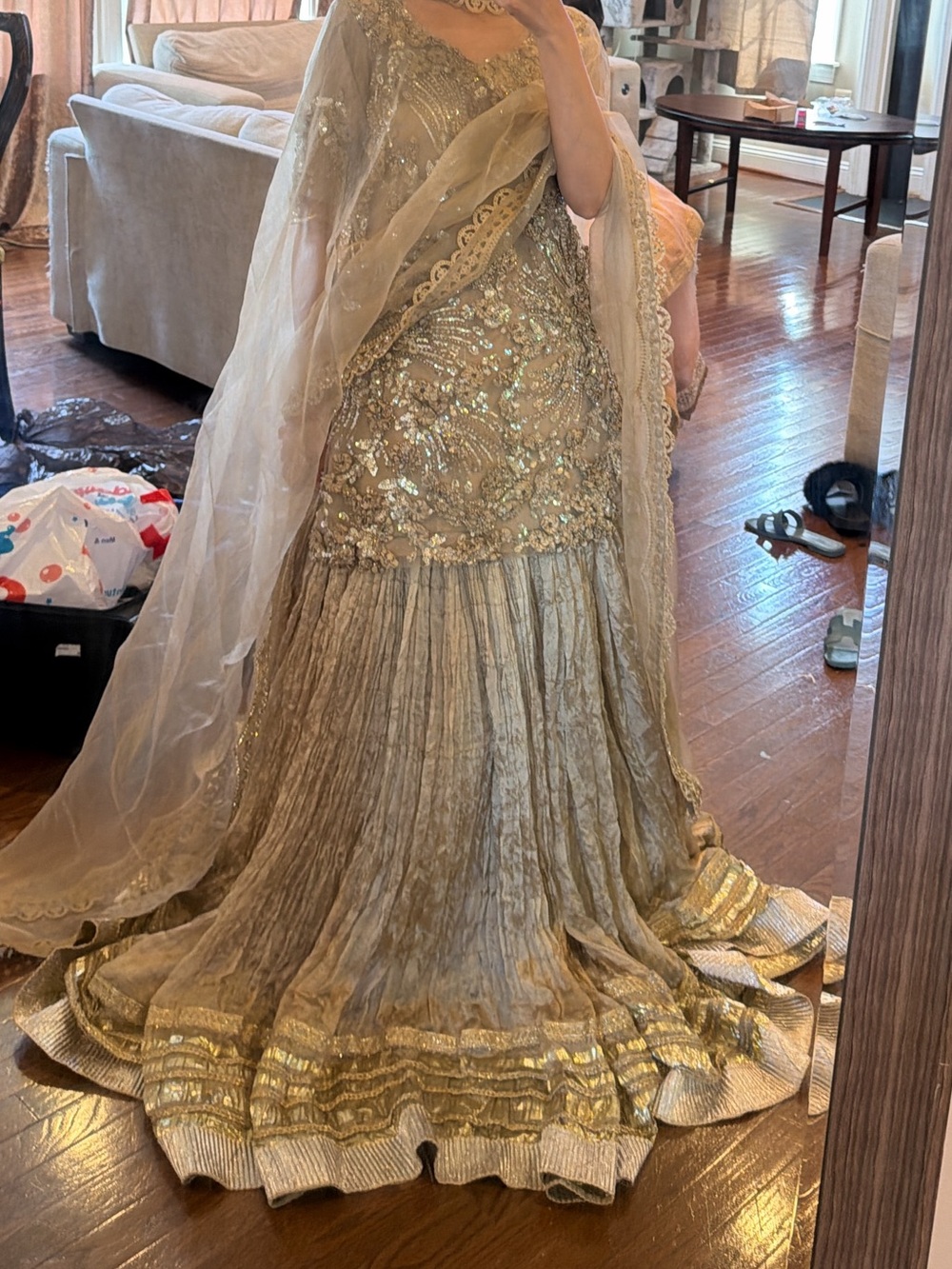 Pakistani 3 piece Elegant Gold Embellished Womens Short Kameez and Lehnga